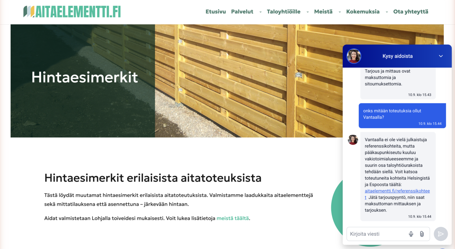 Respondos chatt svarar på en besökares fråga om referensobjekt på Aitaelementti.fi och lotsar vidare till offertförfrågan.